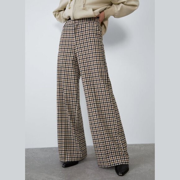 Zara Pants - Zara Plaid Wide-Leg Palazzo Pants - Size Medium